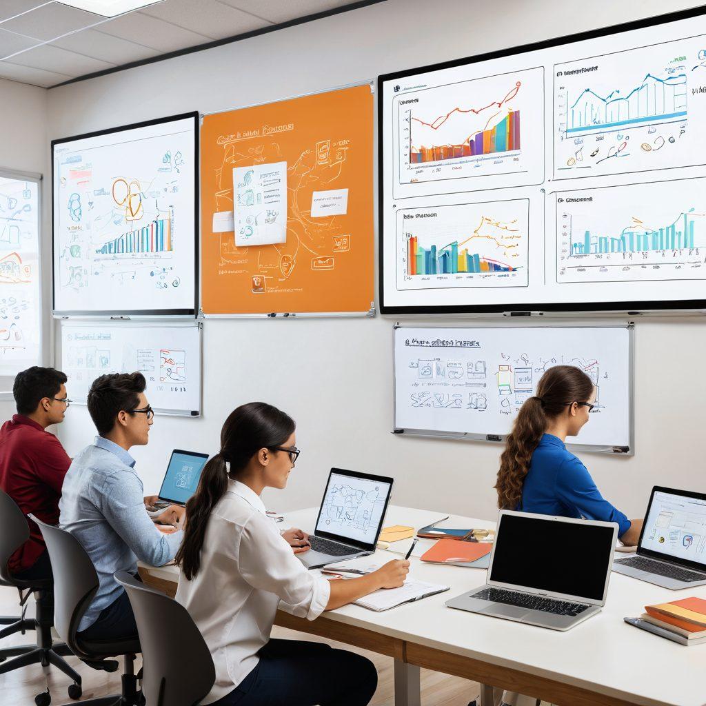 A modern, sleek online learning environment featuring diverse students engaged with digital devices, vibrant illustrations of innovative tools like virtual whiteboards and interactive charts surrounding them, a warm and inviting color palette that promotes focus and motivation. super-realistic. vibrant colors. white background.