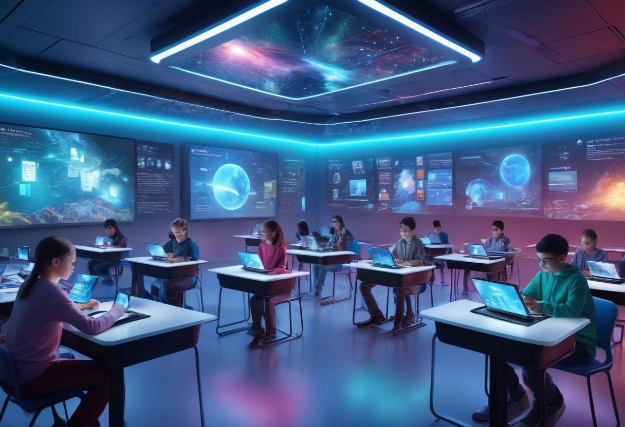 A futuristic classroom with students engaging with digital tools such as tablets and interactive screens. Include holograms displaying educational content and diverse students collaborating creatively. The environment should be bright and inspiring, symbolizing innovation in education. super-realistic. vibrant colors. 3D.
